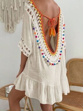 Cream Crochet Backless Cover-Up with Multicolor Pom Poms